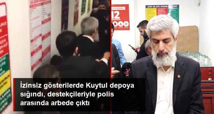 İzinsiz gösterilerin ardından depoya sığınan Alparslan Kuytul, gözaltına alınmak istenirken arbede çıktı