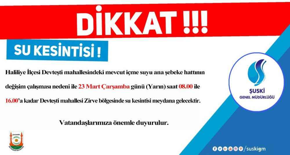 ŞUSKİ uyardı! İlçede su kesintisi