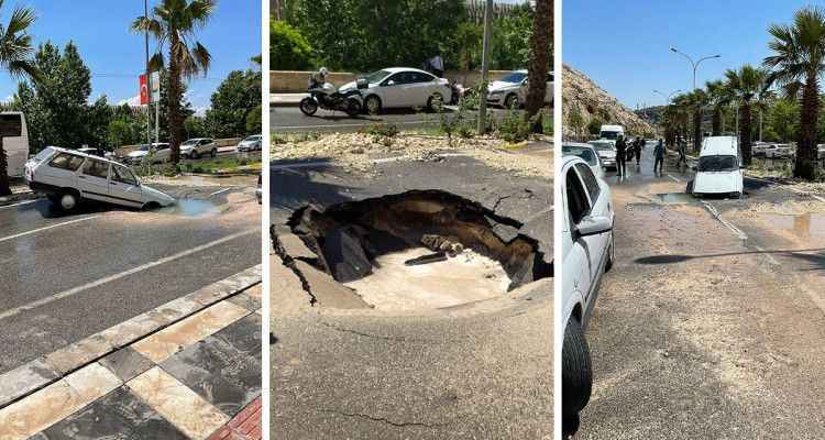 Urfa’da yol çöktü! Araç çukura düştü