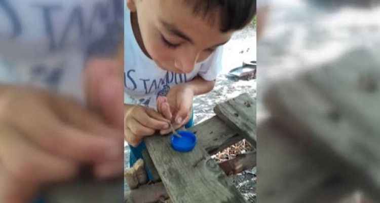 Sıcaktan bunalan yavru kertenkeleye şişe kapağıyla su içirdi